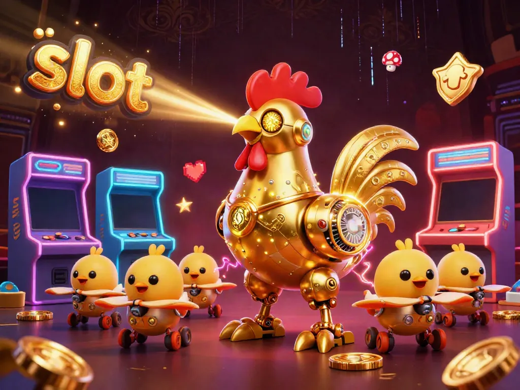 Experience thrilling slot action with a golden rooster robot in an immersive casino landscape.