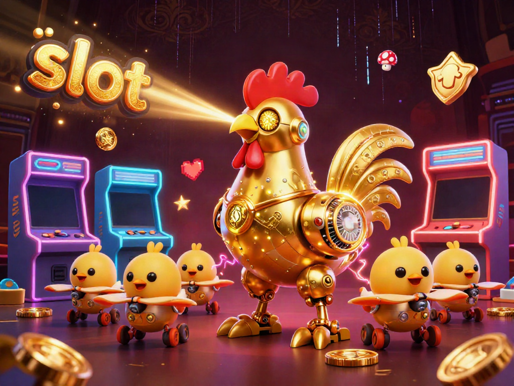 Experience thrilling slot action with a golden rooster robot in an immersive casino landscape.