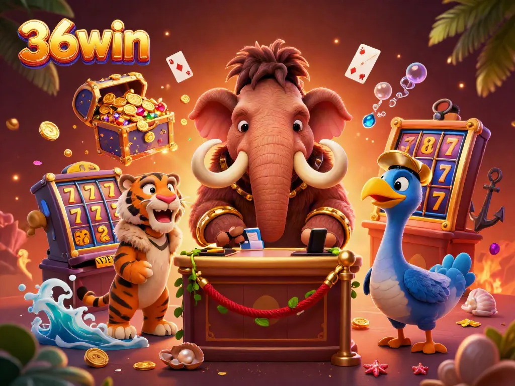 Experience the vibrant world of 36win, showcasing a lively casino scene with unique characters and exciting slot elements.