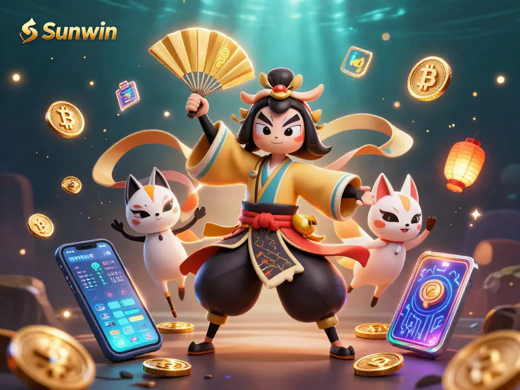 Experience Sunwin vibes with a majestic kabuki warrior surrounded by vibrant crypto-themed art.