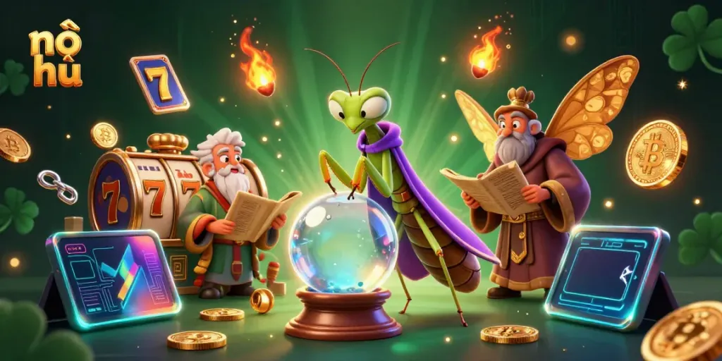 Experience nỗ hũ excitement with vibrant 3D characters amidst slot machine visuals and crypto elements.
