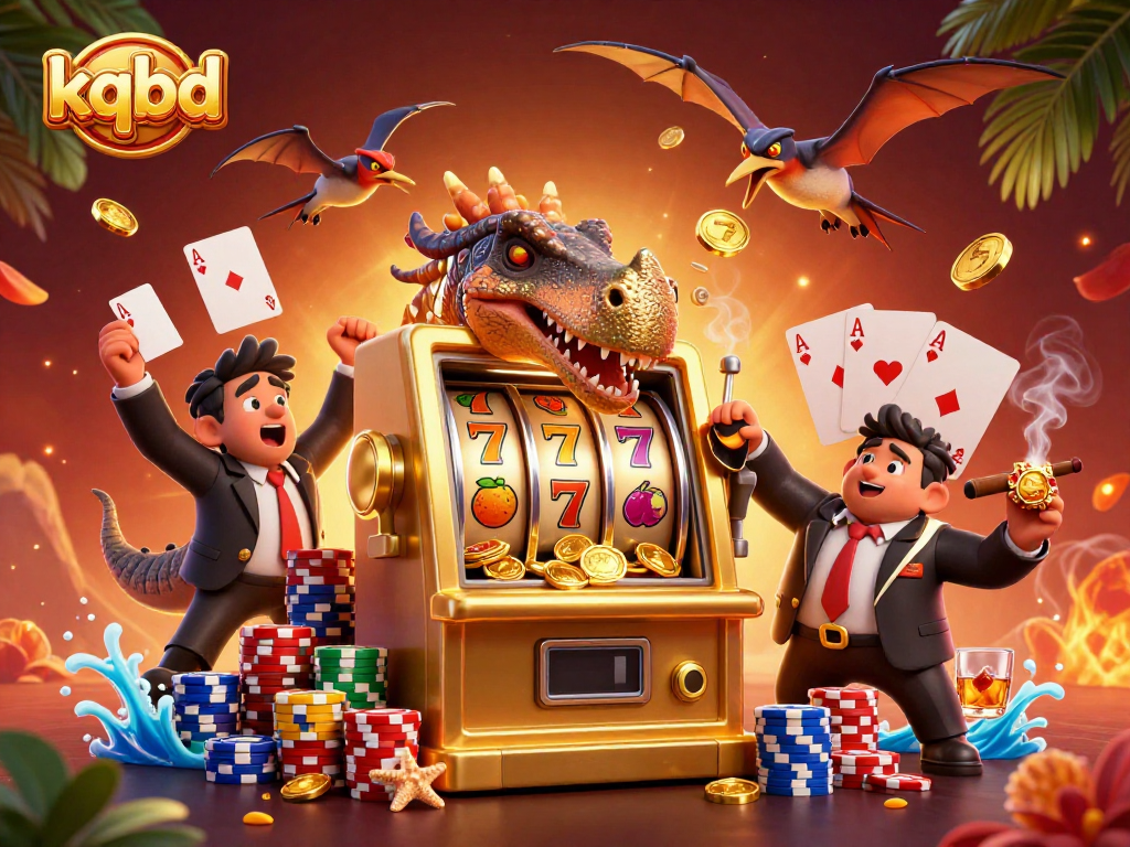kqbd slot machine celebration with dinosaurs and casino elements, golden coins raining