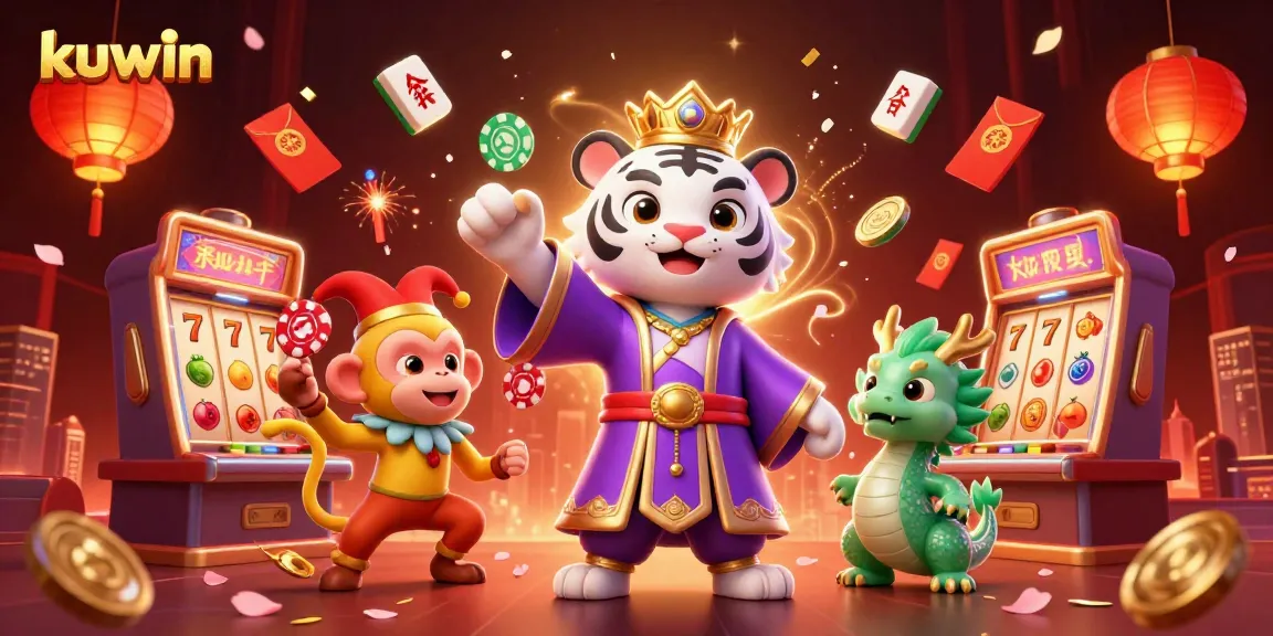 Kuwin showcases an elegant tiger, playful monkey juggling chips, and dragon in a vibrant casino scene filled with luck.