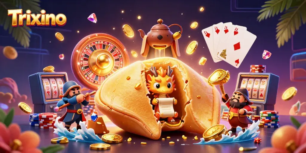 Trixino's dynamic casino illustration showcases a golden fortune cookie and gaming elements.