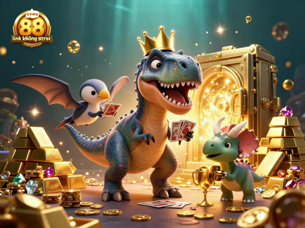 Engage with the vibrant cm 88 link không chặn scene featuring playful dinosaurs in a lively casino atmosphere.