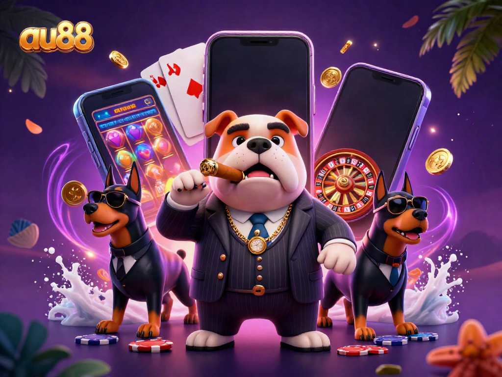 Engage with au88's vibrant casino world, featuring a mafia boss alongside Doberman bodyguards and exciting gaming elements.