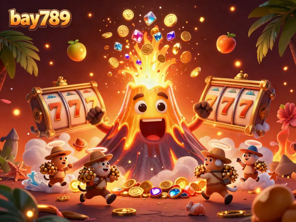 Experience bay789's vibrant gaming adventure with a golden volcano, coins, and exciting slot elements.