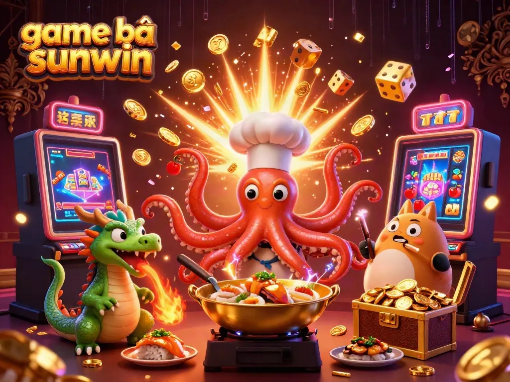 Experience thrilling game bài sunwin with exciting slot machines, a sushi chef octopus, and vibrant gaming elements!