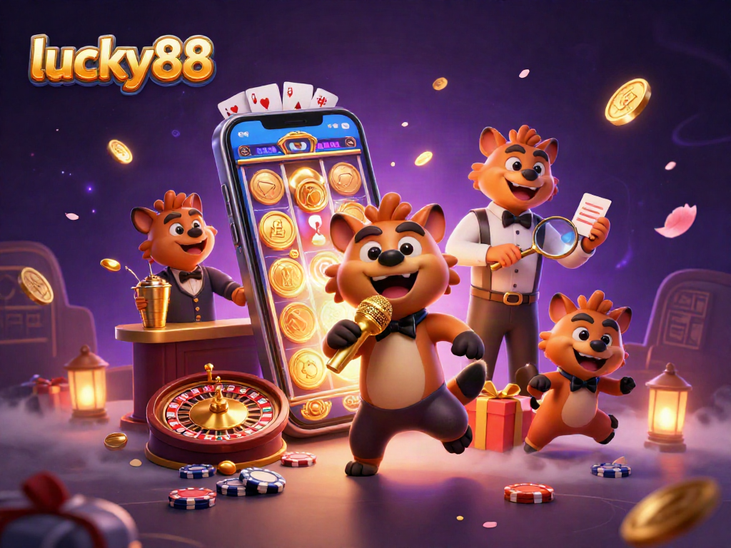 Experience lucky88 excitement with animated hyenas in a comedic casino scene, featuring colorful slot games and vibrant decorations.