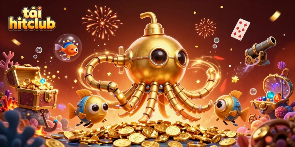Join the action with tải hitclub, featuring a golden kraken submarine in a treasure-filled casino world.