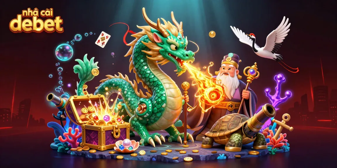 Engage with the vibrant world of nhà cái debet, featuring a dragon, turtle sage, and lucky cranes amidst casino treasures.