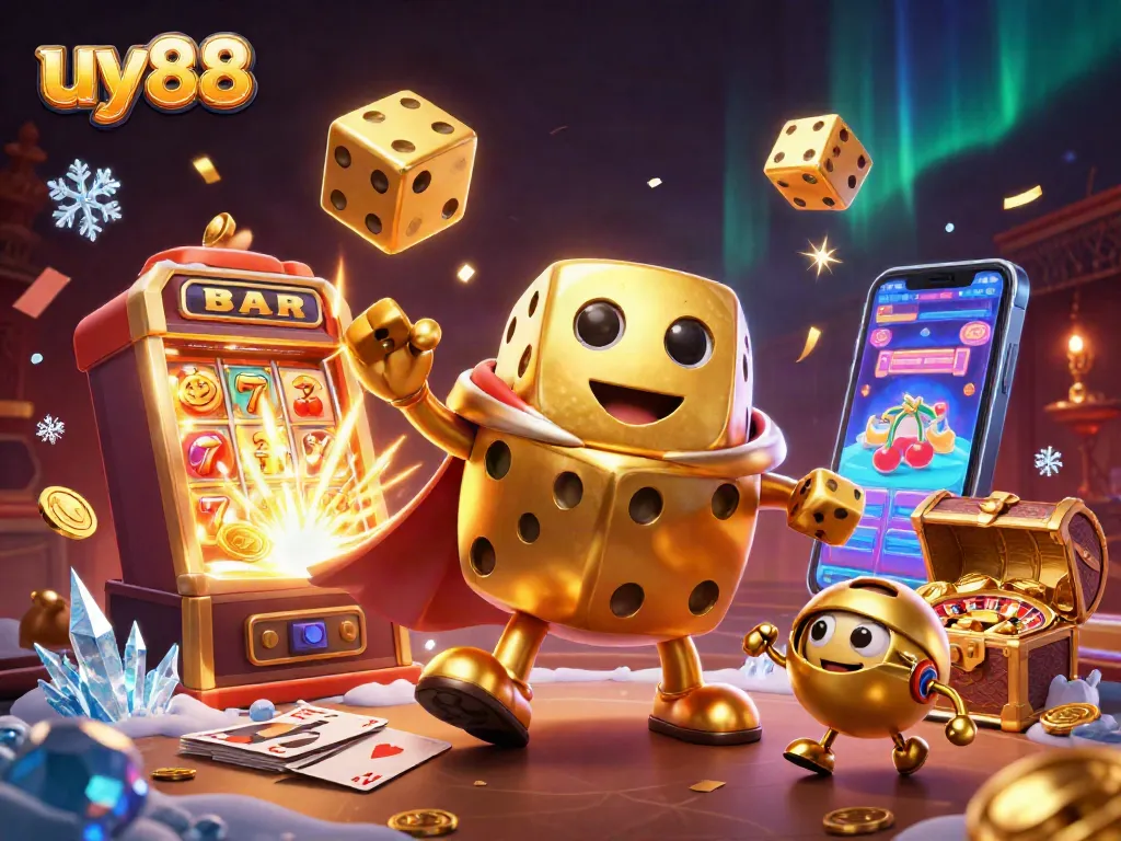 Experience uy88's thrilling jackpot with golden dice golem and slot machine bursting coins.