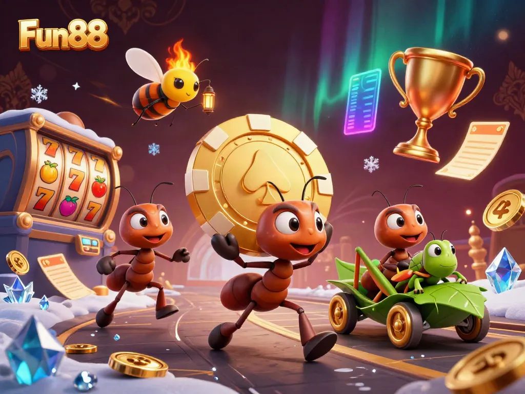 Fun88 ants orchestrating a heist with a giant poker chip in an exciting casino scene.