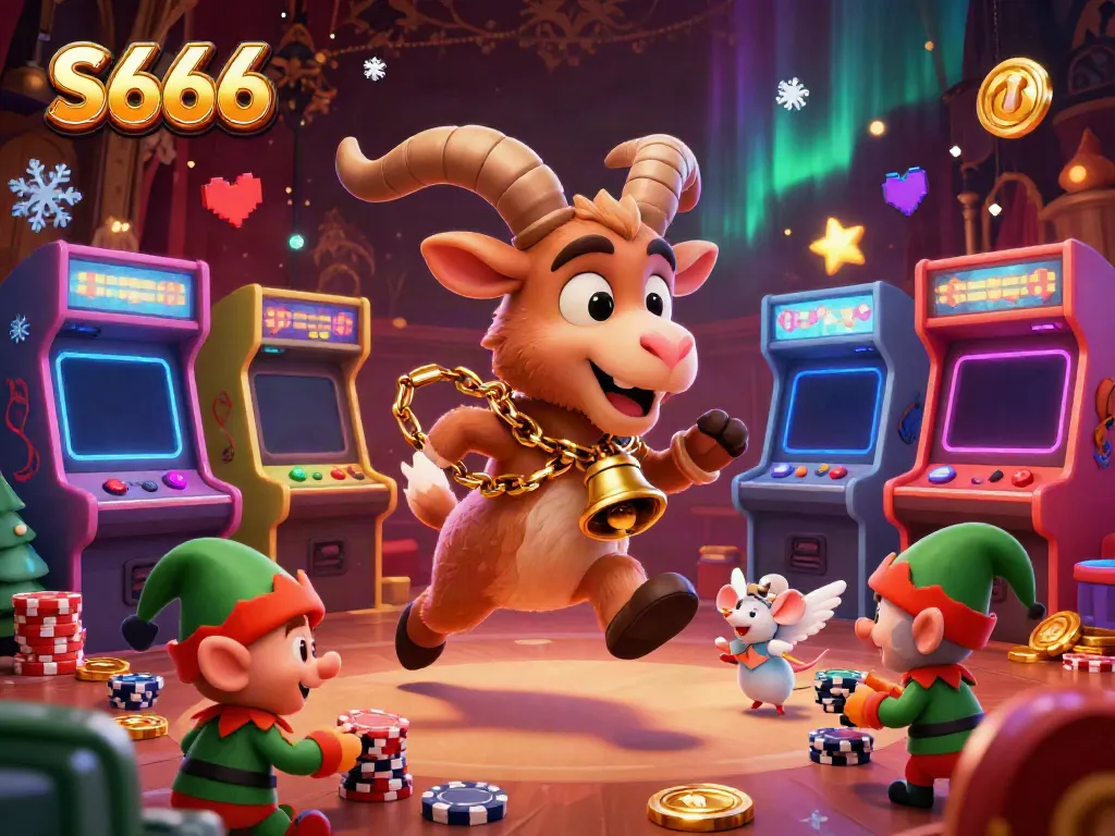 S666 casino scene with Krampus goat, angel mouse, and elf gremlins engaged in chaotic gaming activities.