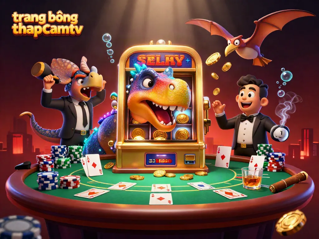 Engaging scene of a pachycephalosaurus hitting a jackpot at the trang bóng thapcamtv casino, with winning coins flying around.