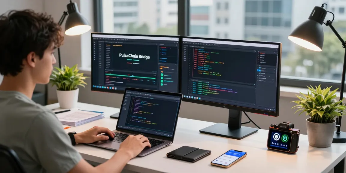 Efficient PulseChain Bridge interactions at a developer's workspace showcasing cryptocurrency technology.