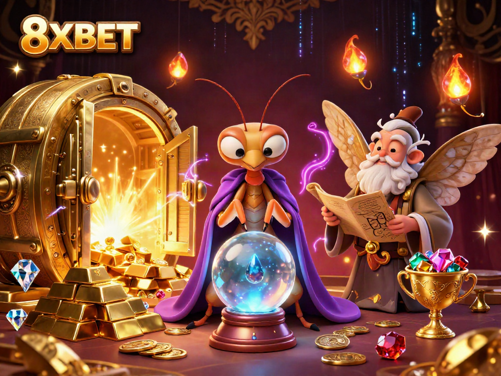 Engage in thrilling adventures at 8XBET with vibrant illustrations of fortune tellers, firefly oracles, and treasures.
