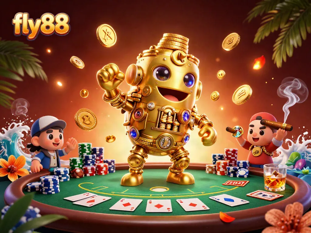 Experience thrilling gaming with fly88's dynamic 3D casino scene featuring a golden golem and poker elements.