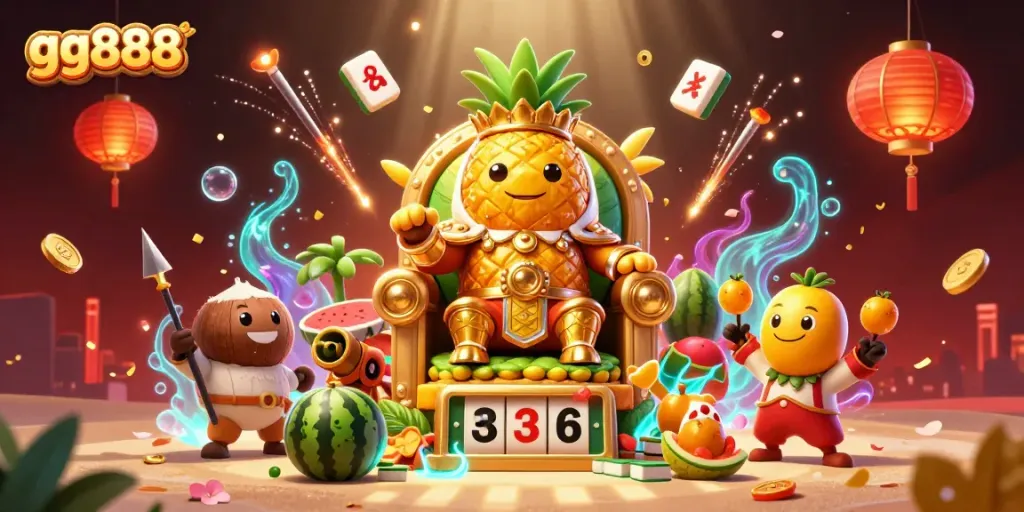 Engage with exciting casino slots at gg888, where the golden pineapple king reigns supreme in a vibrant beach setting.