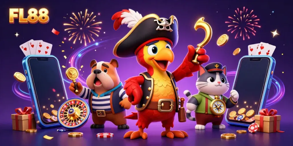 FL88 pirates celebrate with colorful casino elements and games in an engaging 3D illustration.