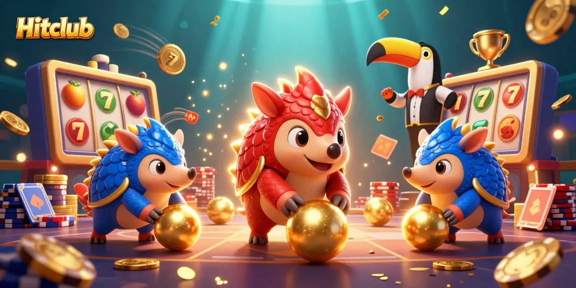 Hitclub pangolins roll into golden balls triumphantly bowling through poker chips in a vibrant casino scene