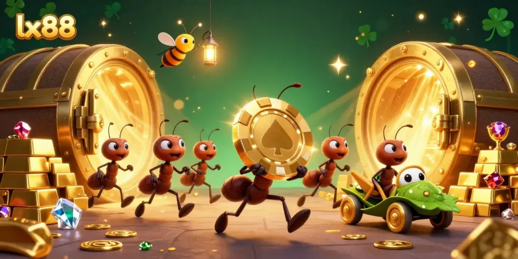 Experience thrilling heists at lx88 with bold ants carrying giant poker chips through riches.