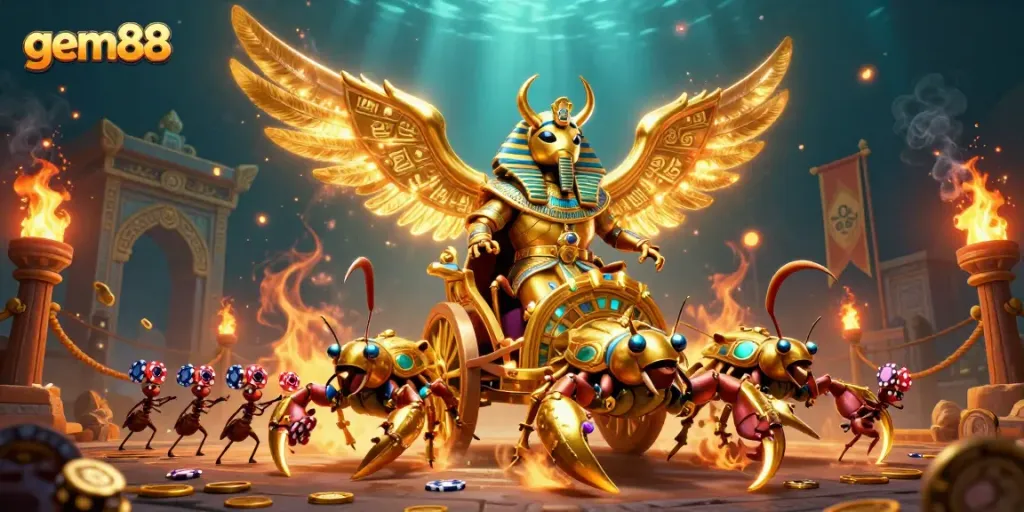 Experience the thrill at gem88 with a vibrant online casino scene showcasing rich elements and exciting characters.