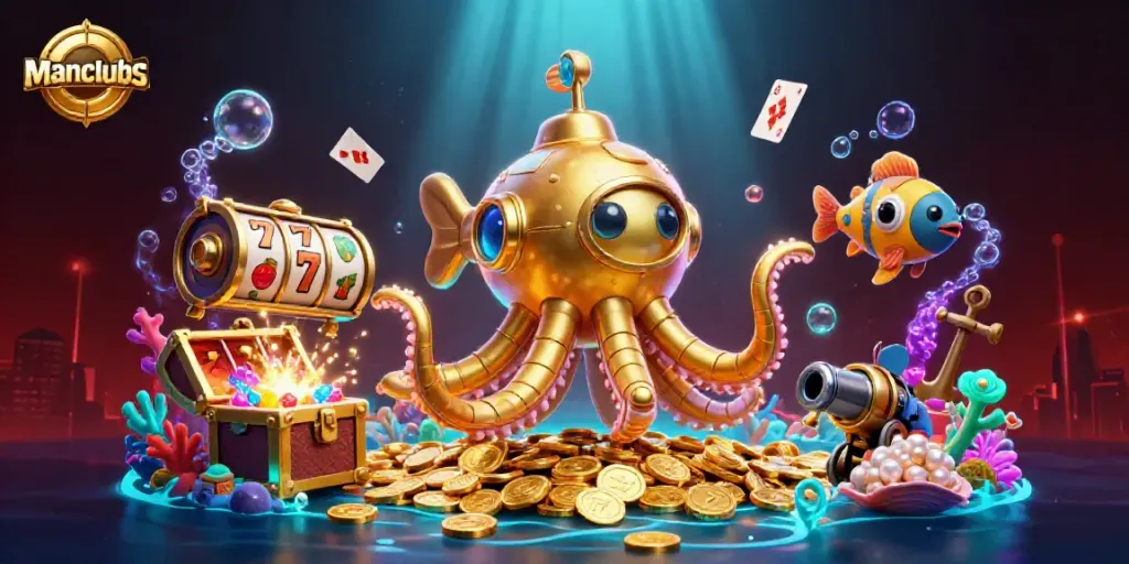 Experience thrilling wins with manclubs as a golden kraken submarine surfaces among flowing coins and slot reels.