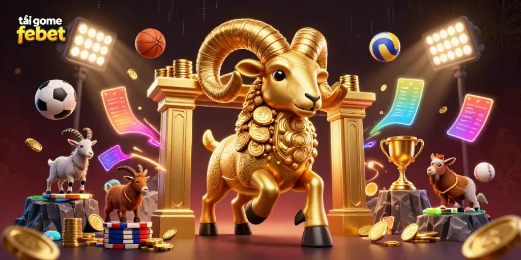 Experience the thrill of tải game febet with vibrant sports elements and a golden ram in a dynamic 3D casino scene.