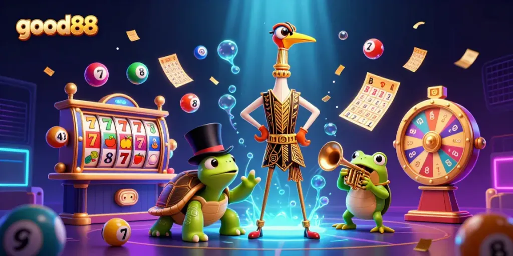 Engage with good88's exciting slot reels featuring lively characters and vibrant games in a dazzling casino scene.