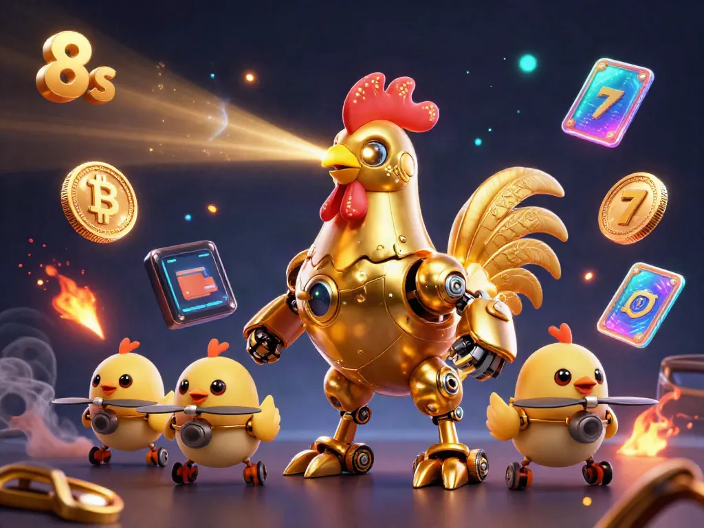 Experience exciting jackpots at 8s with a dynamic, colorful 3D scene featuring a golden rooster robot amidst gaming elements.