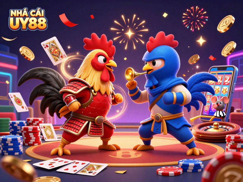 NHÀ CÁI UY88 showcases dramatic cockfighting scene with animated roosters amid casino elements.