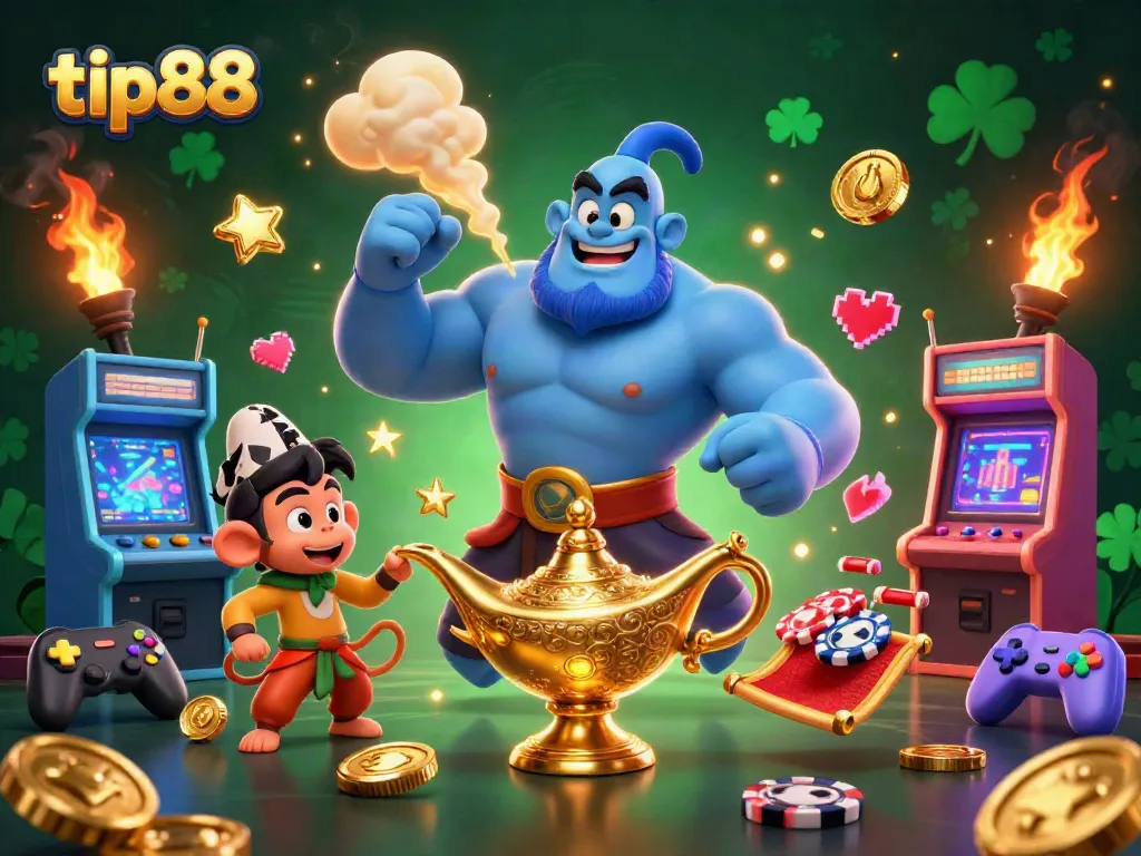 Experience the thrill of gaming with tip88 in a vibrant 3D illustration of a powerful genie, playful monkey, and poker chips.