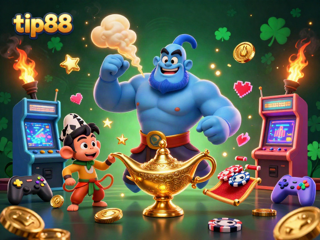 Experience the thrill of gaming with tip88 in a vibrant 3D illustration of a powerful genie, playful monkey, and poker chips.