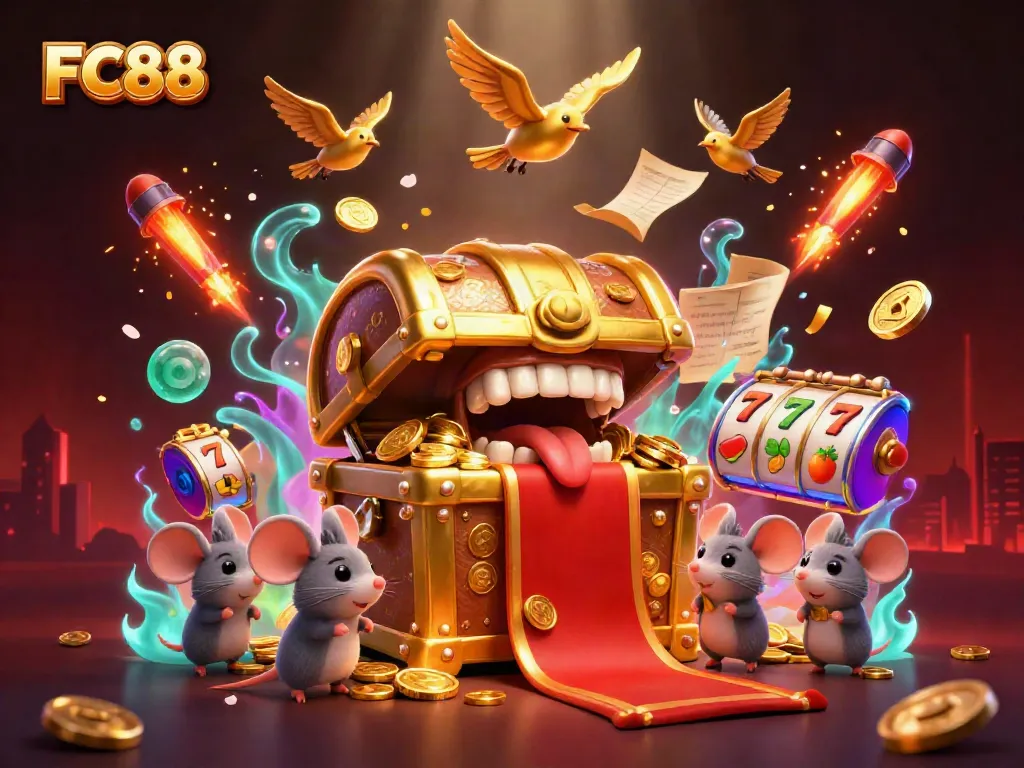 Explore the vibrant realm of FC88, featuring dynamic slot elements and a golden treasure chest in a captivating casino scene.