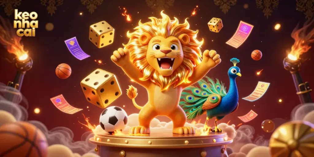 Experience thrilling sports betting with keo nha cai, featuring dynamic 3D lion and golden dice.