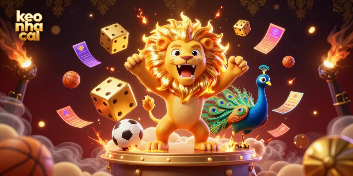 Experience thrilling sports betting with keo nha cai, featuring dynamic 3D lion and golden dice.