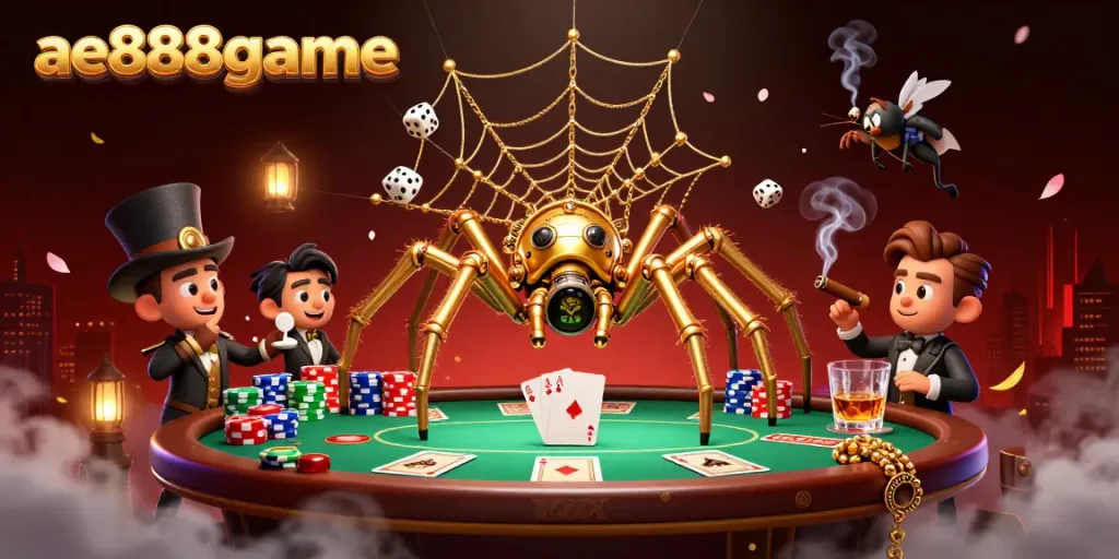 Experience thrilling gameplay with ae888game, featuring a steampunk spider in a dynamic poker scene.