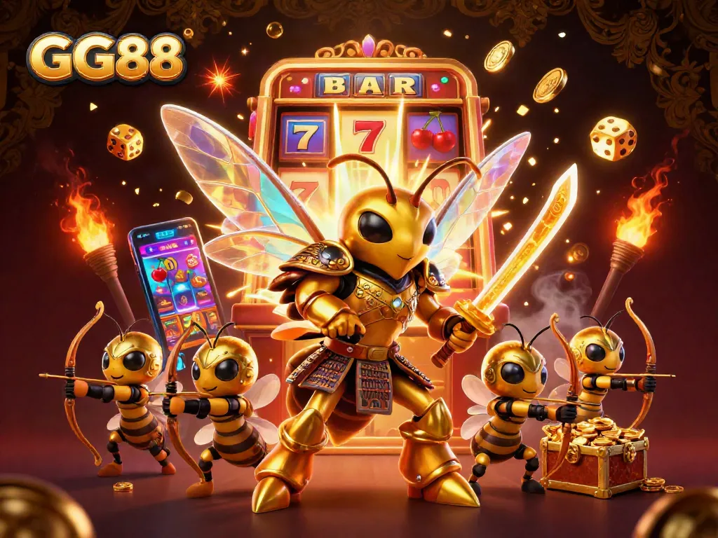 Experience the thrills at GG88 with a dynamic casino scene featuring gaming elements and vibrant characters.