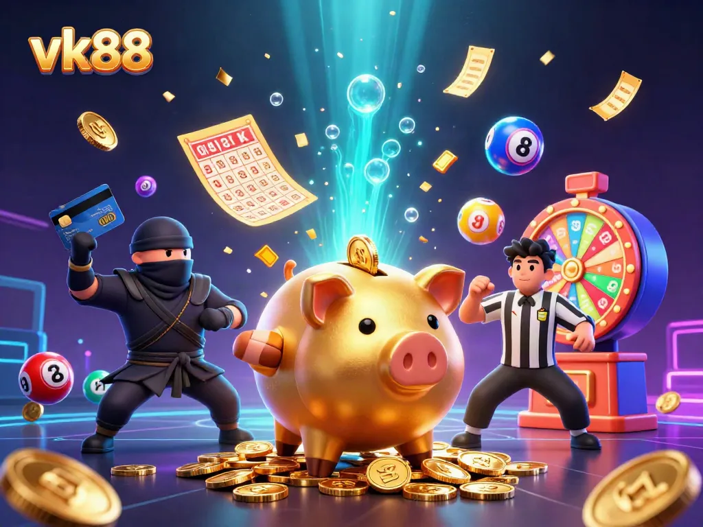 Win big at vk88 with an exciting scene of a sumo wrestler, ninja, and casino elements.