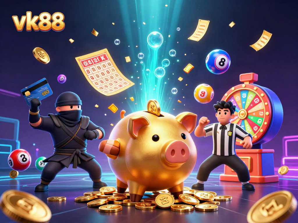 Win big at vk88 with an exciting scene of a sumo wrestler, ninja, and casino elements.