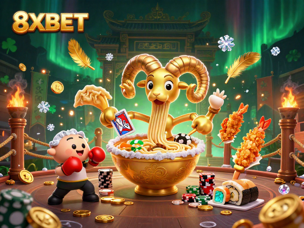 Engage with the thrilling 8XBET casino world in this dynamic scene featuring a vibrant golden ramen bowl, card-dealing action, and engaging characters.