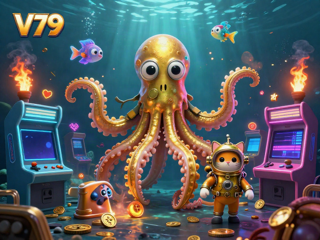 Engage with V79's immersive underwater casino adventure featuring a majestic kraken and vibrant gaming elements.