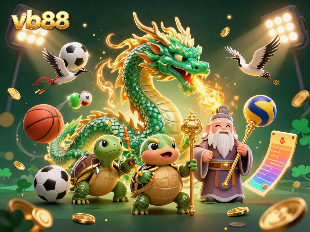 Experience the thrill at vb88 with a jade dragon and lucky cranes in a vibrant casino scene.