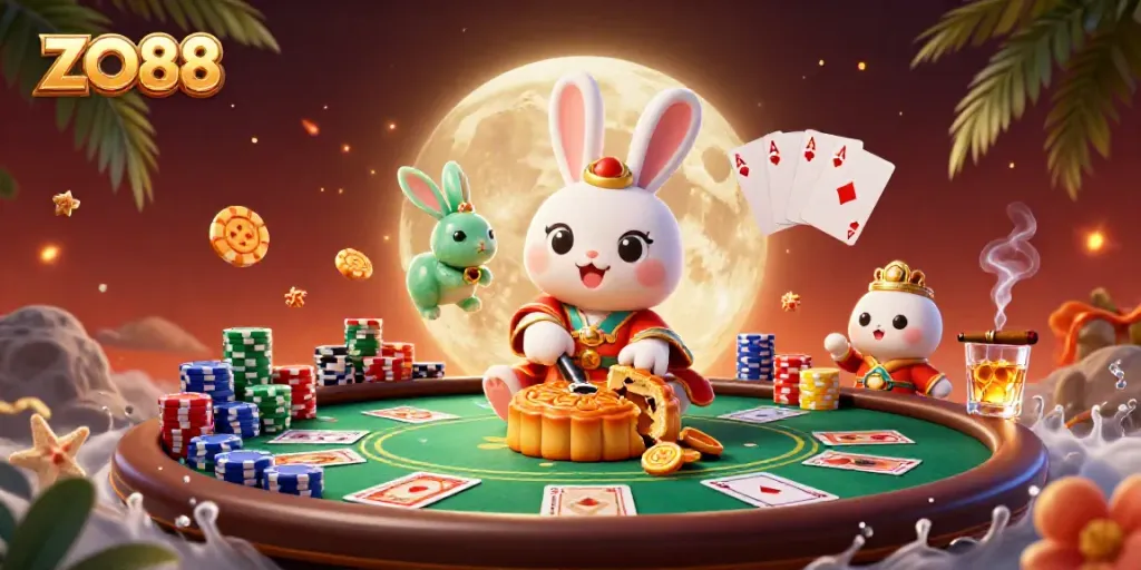 Engage in thrilling fun with ZO88 as the moon rabbit plays on a lunar poker scene.