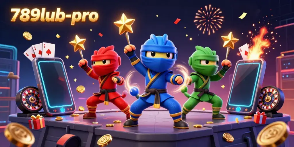 Engage in thrilling online gaming with 789lub-pro’s cartoon ninja chameleons displaying dynamic casino action.
