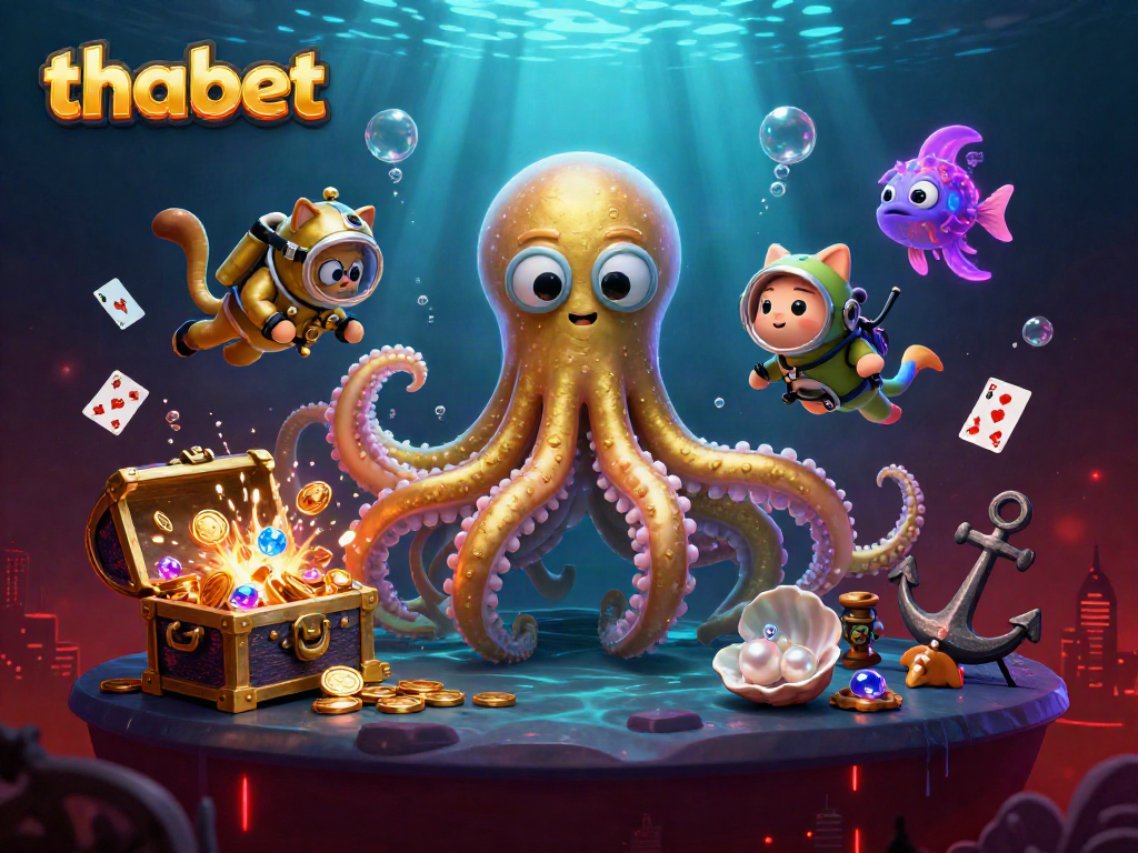 Experience the thrill of gaming with thabet's vibrant illustration featuring a kraken and diving cat.