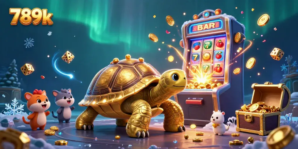 Engage with thrilling jackpots at 789k, featuring rich visuals of a golden tortoise pinball machine amidst swirling slot elements and excited players.