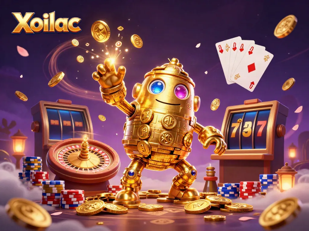 Xoilac showcases an ancient golden golem amidst dynamic casino elements, symbolizing exciting gambling.