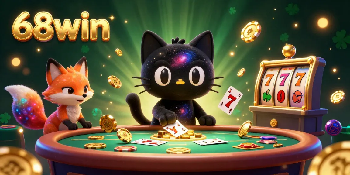 Experience the cosmic thrill of winning big at 68win with a black hole cat and colorful fox in a vibrant casino.